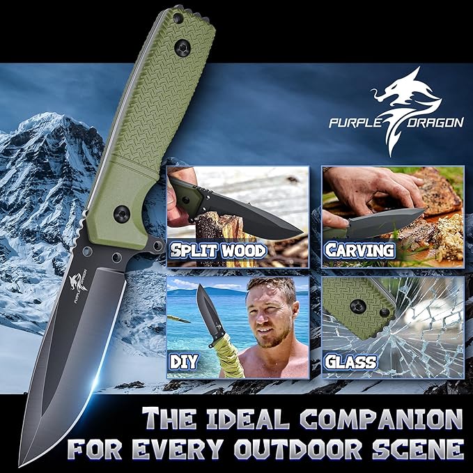 Purple Dragon Fixed Blade Knife with Kydex Sheath Green Knives for Camping Gifts for Men