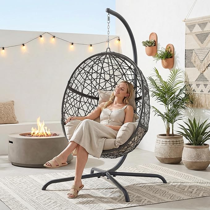 BULEXYARD Oversized Hanging Egg Chair with Stand Indoor Outdoor Grey Wicker Bird Cage Swing Chair Patio Hammock Swinging Chair with Beige Cushion for Balcony Porch 350lbs Capacity