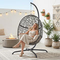 BULEXYARD Oversized Hanging Egg Chair with Stand Indoor Outdoor Grey Wicker Bird Cage Swing Chair Patio Hammock Swinging Chair with Beige Cushion for Balcony Porch 350lbs Capacity