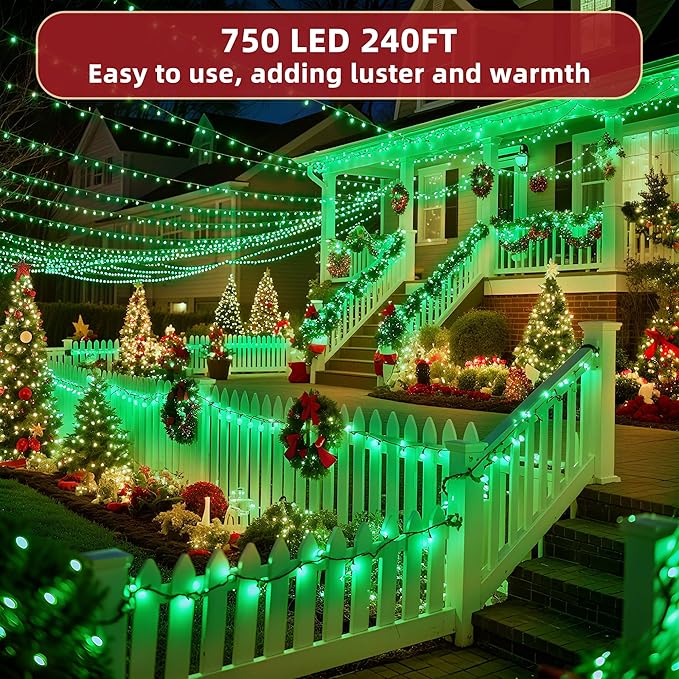 240FT Christmas Lights Outdoor 750 LED Christmas Tree Decoration Lights with 12 Modes &amp Timer Memory Dimmable Plug in Waterproof LED Xmas Light for Yard Trees Wedding Party Holiday Green