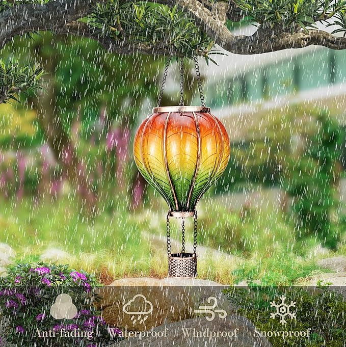 TERESA'S COLLECTIONS 2 Pack Hanging Solar Lantern Outdoor Garden Decor for Valentine Waterproof Plastic Hot Air Balloon Orange Flickering Flame Effect Lantern for Yard TreeGift for Mom18