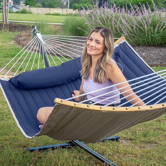 2 Person Hammock with Stand Included Outdoor Hammock with Curved Spreader Bar Pillow and Carrying Bag 450 Lbs Capacity Navy Blue
