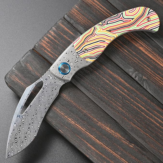 Sitivien ST270 Folding Knife Damascus Steel Blade Colorful G10 &amp Damascus Handle with Ball Bearing for Men Women Outdoor Camping Hiking Fishing(Yellow)