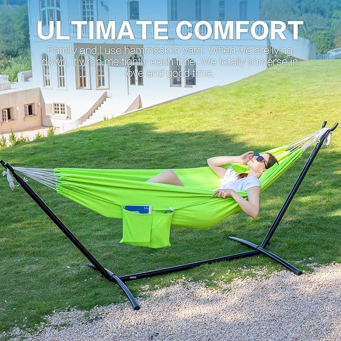 PNAEUT Double Hammocks with Stand for Outside Portable Space Saving Heavy-Duty Steel Stand for Indoor Outdoor Patio with Carrying Bag 450 lbs Capacity (Green)