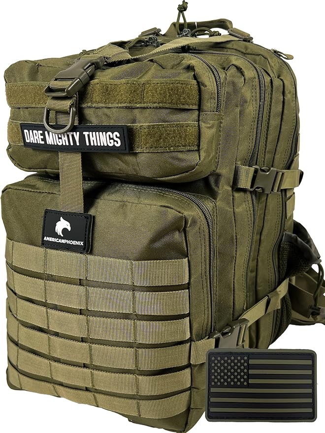 AMERICANPHOENIX 45L Elite Tactical Backpack | 3X Stronger Work &amp Military Backpack | Water Resistant and Heavy Duty | 3 Day MOLLE Bug Out Bag (Olive Green)