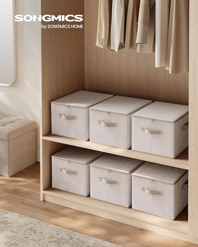 SONGMICS Foldable Storage Organizer Boxes Set of 3 Storage Basket Bins with Lids Handles Clothes Organizer 15.7 x 11.8 x 9.8 Inches Non-Woven Fabric Summer Sand URZB003K01