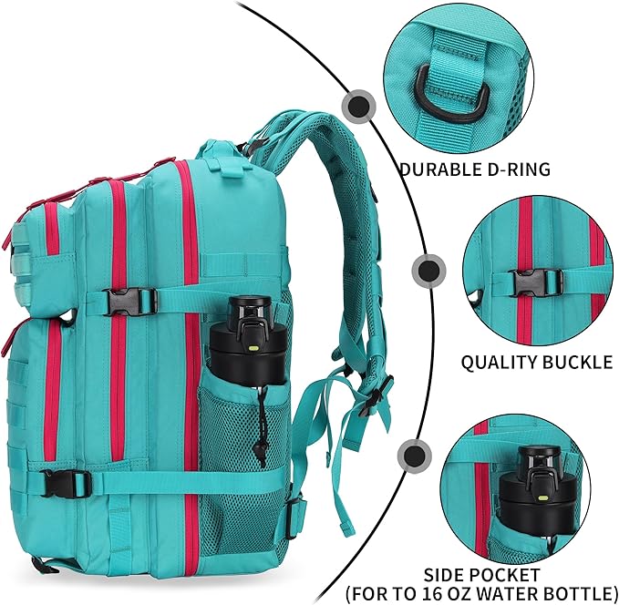 Lovelinks21 25L Tactical Military Backpack Small Travel Rucksack for Men and Women Assault Pack Bug Out Bag Molle Daypack Gym Backpack with Bottle Holder (Neon Teal)
