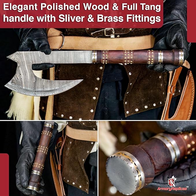 Armory Replicas™ Far Sight Full Tang Damascus Steel Bearded Axe Sheesham Wood Handle Brass Rivets Genuine Leather Sheath