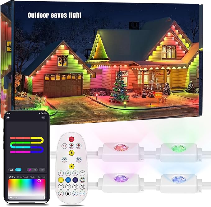 50FT Permanent Outdoor Lights with 30 Smart RGB LED Eave Lights APP/Remote Control IP67 Waterproof for House Roof Eave Garden Outdoor Decorations Christmas Party Decor