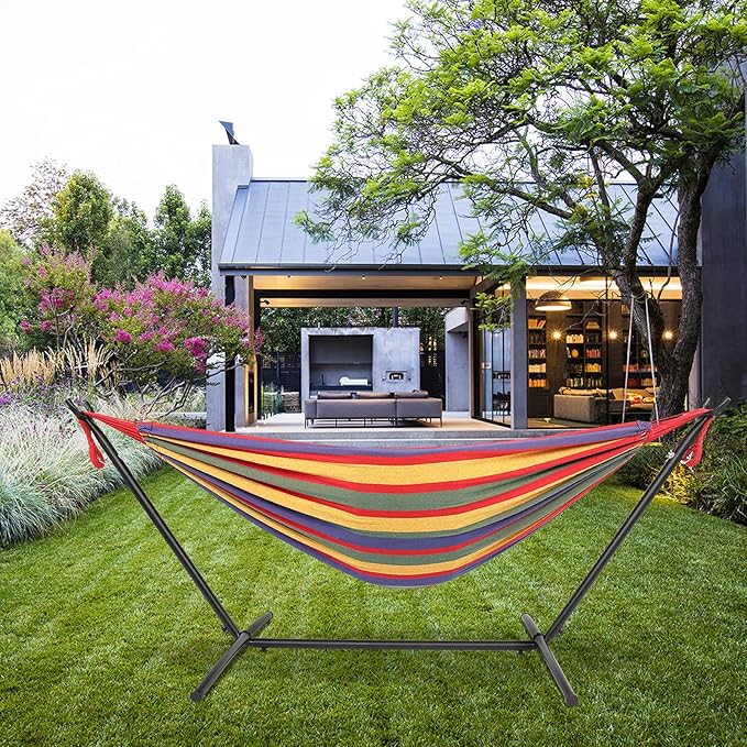 Black Steel Pipe Hammock Frame with 200X150cm Polyester Cotton Hammock Four Red Strip Natural Rope Iron Hammock Set