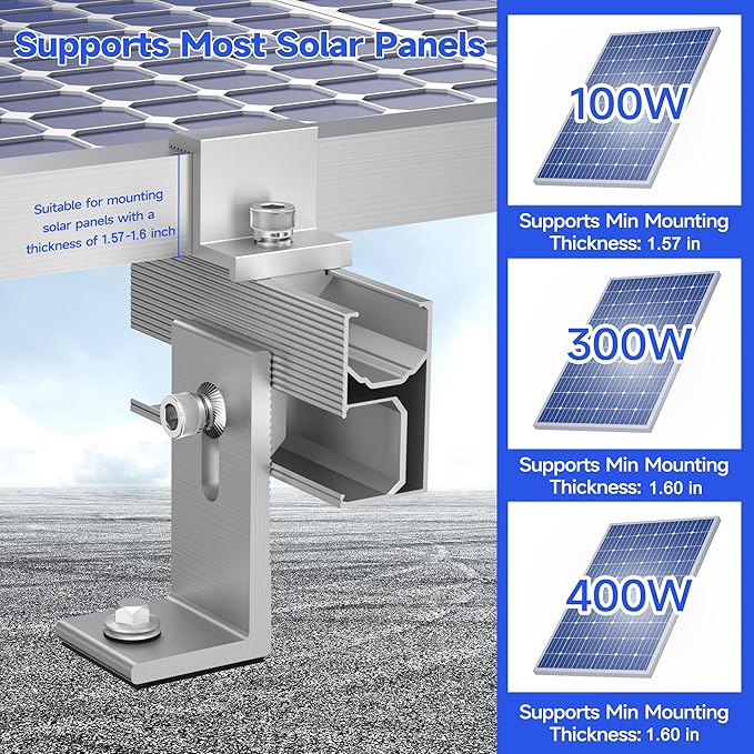 Solar Panel Mounting Brackets Kit 10Pcs Solar Roof Mount Kit for 1-4 Pieces Thickness 1.57-1.6” Solar Panels(100-400W) Aluminum Alloy Mount for Flat Pitched Roof Rack Mounting Brackets