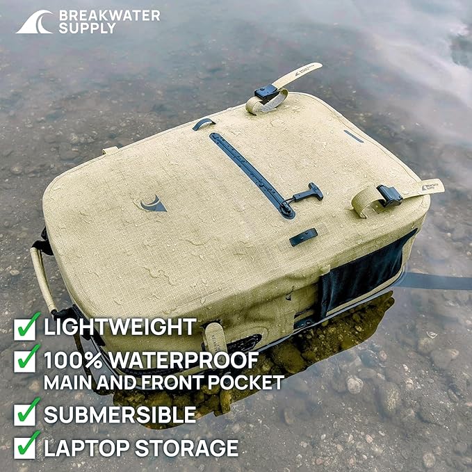 Breakwater Supply™ River Ute Waterproof IP68 Hunting Backpack Floating TPU Submersible Dry Bag with Padded Hip Belt and Airtight Zippers | 20L (River Ute 20L CORDURA Safari Tan)