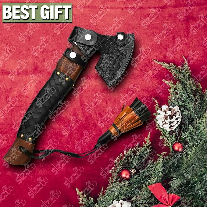 Russian Valknut Wood Viking Style Bearded Axe Tomahawk - Real Hatchet Best Gift for Anniversary Valentine's Day Birthday Premium Leather Sheath with Leather Wrap Handle Perfect Hand Grip
