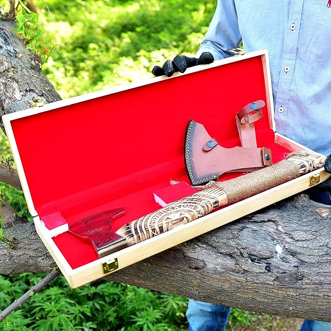 SS SMART &amp SHARP SPORTS INC Custom Handmade High Carbon Steel Viking Axe Real HatchetGift for hIm19 inches SS-17604 with Wooden Box
