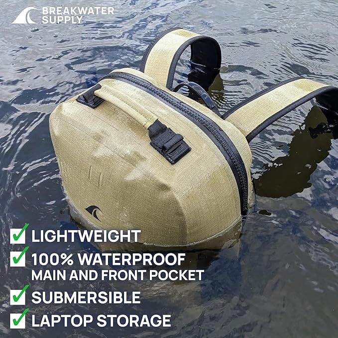 Breakwater Supply™ Fogland CORDURA Waterproof IP68 Submersible Backpack | Laptop Sleeve &amp Airtight Zippers for Outdoors Travel Hiking Fishing Floating Dry Bag Unisex TPU (Safari Tan 25L)