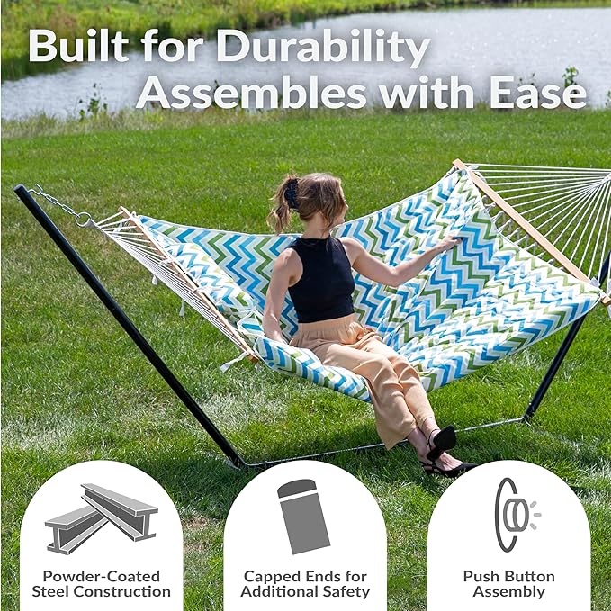 Sunnydaze Rope Hammock with Stand for Outside- 275-Pound Capacity - Includes 12-Foot Hammock Stand Spreader Bar Pad and Pillow - Blue and Green Chevron
