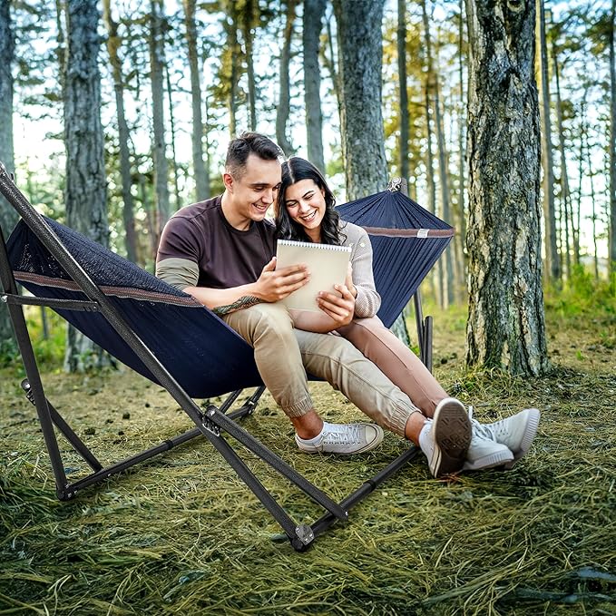 Tranquillo Universal Double Hammock with Stand Included for 2 Persons/Foldable Hammock Stand 600 lbs Capacity Portable Case - Inhouse Outdoor Camping Aegean