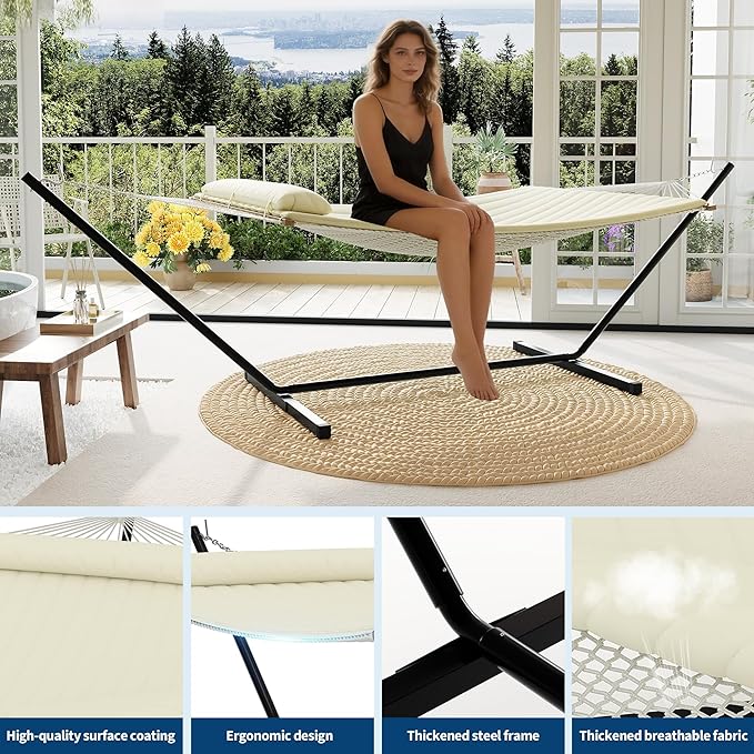 Heavy Duty 2 Person Double Hammock with Portable Adjustable Steel Stand Outdoor Hammock with Pillow for Patio Garden Beach Backyard Camping