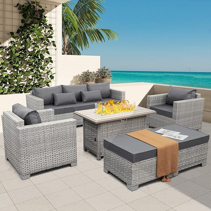 Outdoor Propane Fire Pit 43 Inch PE Wicker Patio Firepit Table with Fire Glass and Wind Guard for Outside Parties and Gatherings on Garden Backyard Porch