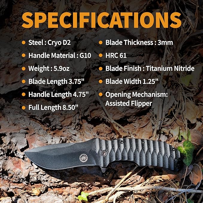 Off-Grid Knives - Rapid Fire Blackout - Large Folding Knife for Camping &amp EDC Cryogenic D2 Blade Steel Titanium Nitride Coating with G10 Scales &amp Deep Carry Clip