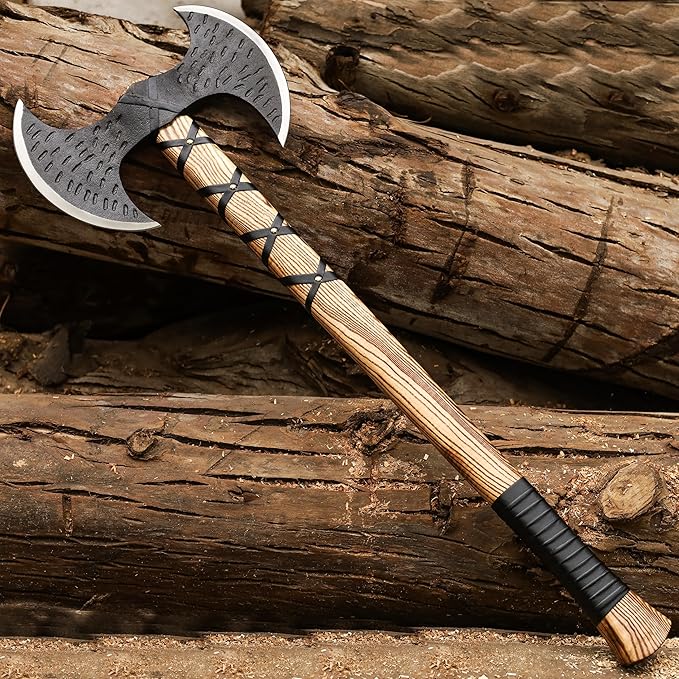 SHINY CRAFTS® Handcrafted Viking Axe – Engraved Nordic Blade with Wooden Handle Norse Bearded Hatchet for Men Unique Gift for Him Collectors Cosplay Camping Medieval Wall Decor (Black-VBA-22-A)