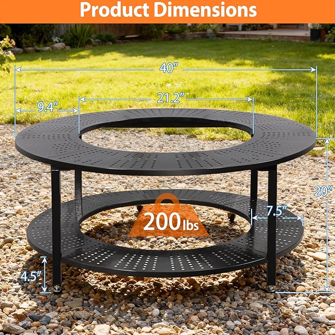 40 Inch Compact Fire Pit Surround Tabletop for Solo Stove Ranger &amp Tiki 20 Outdoor Patio Stand with Firewood Storage Shelf Heavy Duty Steel 200LB Capacity