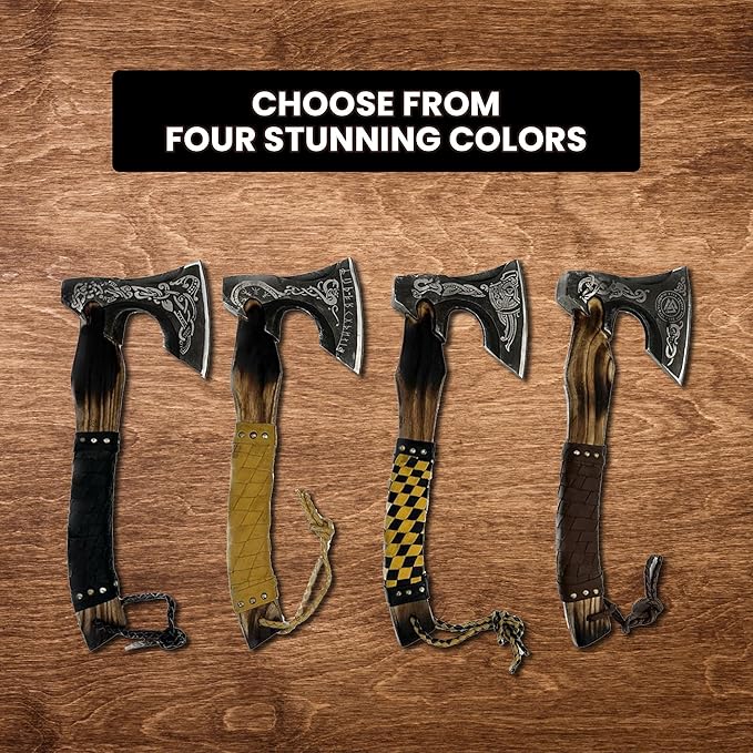 Handmade Viking Axe with Pure Leather Sheath | Real Handmade Outdoor Hunting OR Camping | Viking Gifts for Men (Yellow)