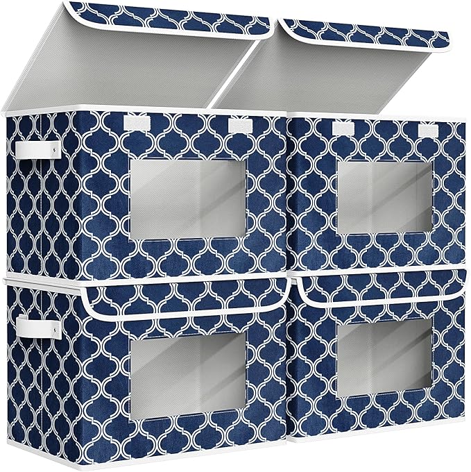 Univivi Fabric Foldable Storage Boxes [4-Pack] Large Collapsible Stackable Storage Bins with Lids Closet Organizers and Storage Cube Basket for Home Office Bedroom (Blue Lantern 17”x 12” x 12”)