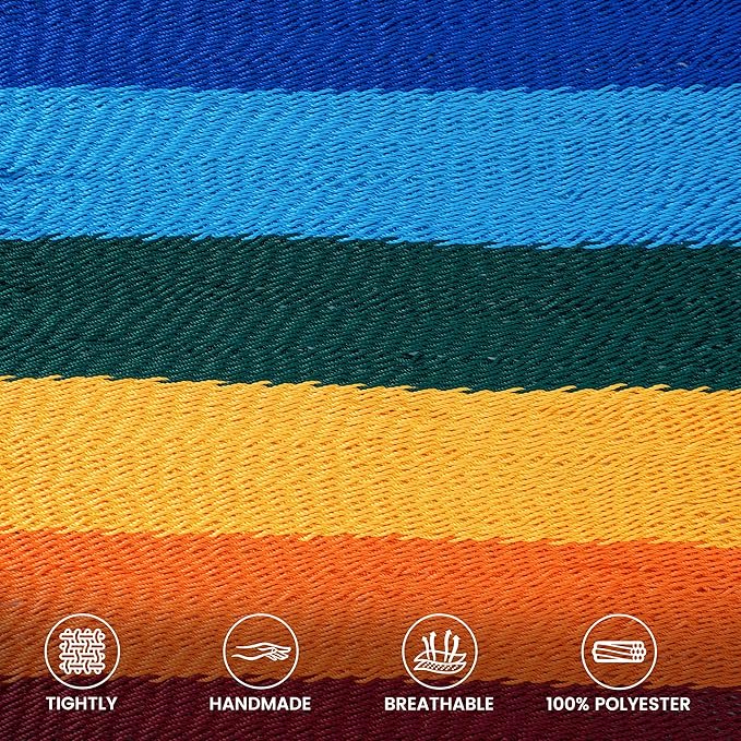 Lazy Daze Hammocks 10.5 FT Double 2 Person Caribbean Rope Hammock Hand Woven Polyester Hammock with Spreader Bars for Outside Outdoor Backyard Patio Poolside 450 LBS Capacity Rainbow