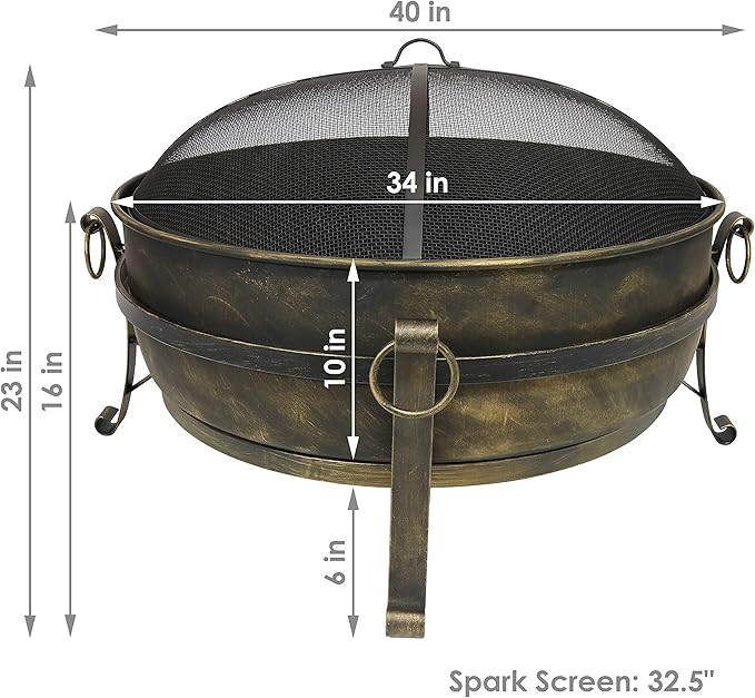 Sunnydaze 34-Inch Large Fire Pit for Outside - Wood-Burning Fire Pit Bowl for Outdoors with Spark Screen Log Poker and Grate