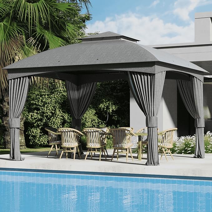 Florise Heavy Duty Gazebo 11 x 13 Ft Outdoor Patio Pavilion with Galvanized Steel Metal Frame and Double Roof Curtain and Netting Included for Outside Garden Yard &amp Lawn