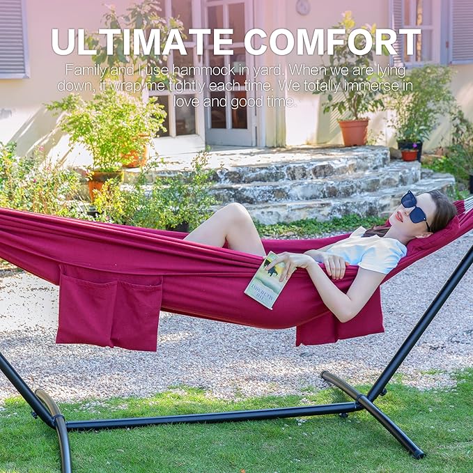 PNAEUT Double Hammocks with Stand for Outside Portable Space Saving Heavy-Duty Steel Stand for Indoor Outdoor Patio with Carrying Bag 450 lbs Capacity (Cherry)