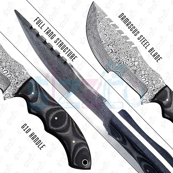 Handmade 10 Damascus Steel Tracker Knife with G10 Handle - Fixed Blade Hunting &amp Survival Knife - Horizontal Scout Carry Sheath - Bushcraft EDC for Camping &amp Outdoors