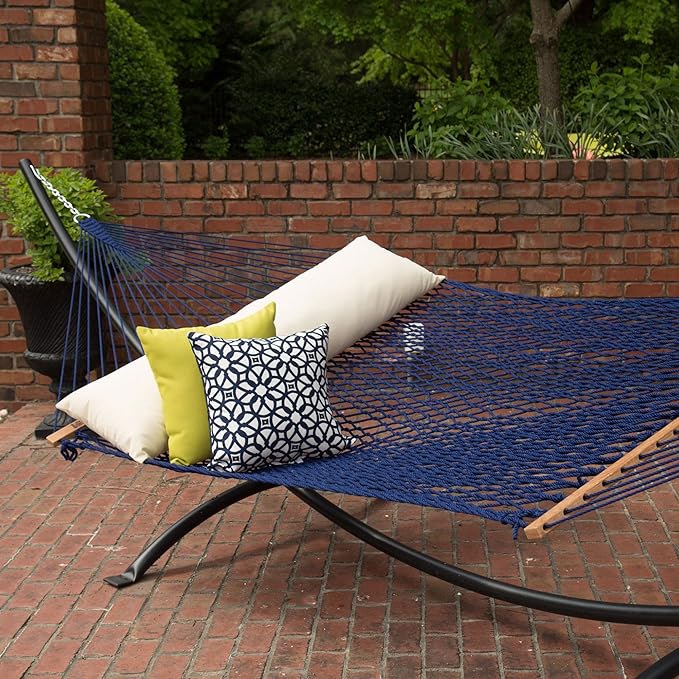Hatteras Hammocks Large Navy DuraCord Rope Hammock – 13 ft. x 55 in. 2-Person 450 lb Capacity Cumaru Spreader Bar Zinc-Plated Hardware – Handcrafted in The USA
