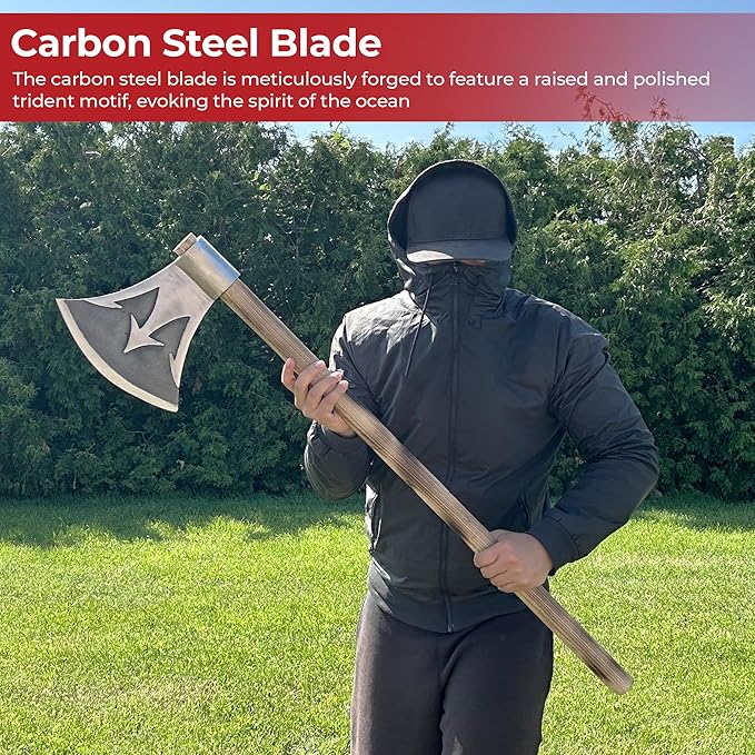 MedievalDepot Briny Deep Trident Forged Two-Handed Combat Axe - Overall 42 - Carbon Steel Blade - Rosewood Handle