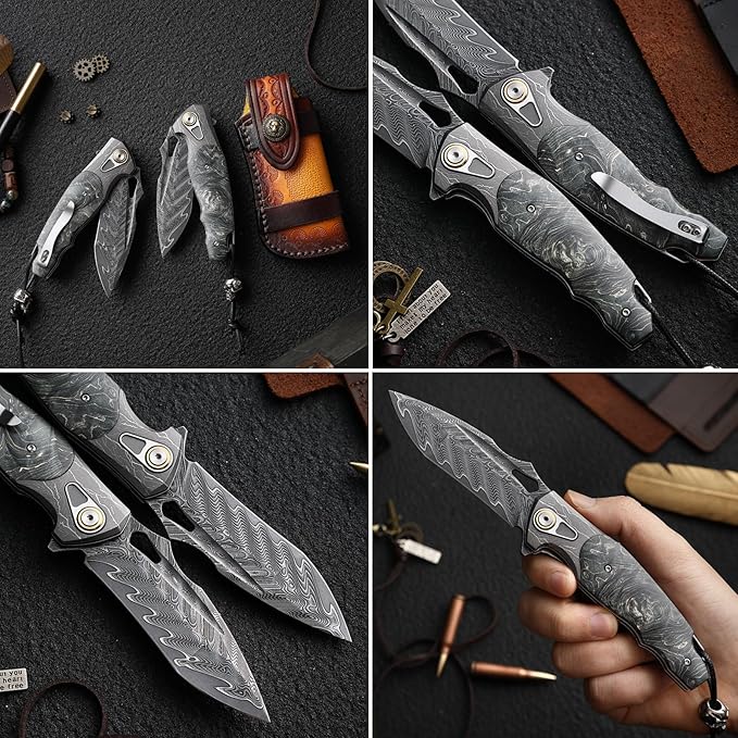 Damascus Steel Folding Knife Camping Knives &amp Tools Folding Knife HRC 60 Vegetable Tanned Leather Sheath personalized Engraving Compact Folding Knife with Pocket Clip for Camping Gift for M