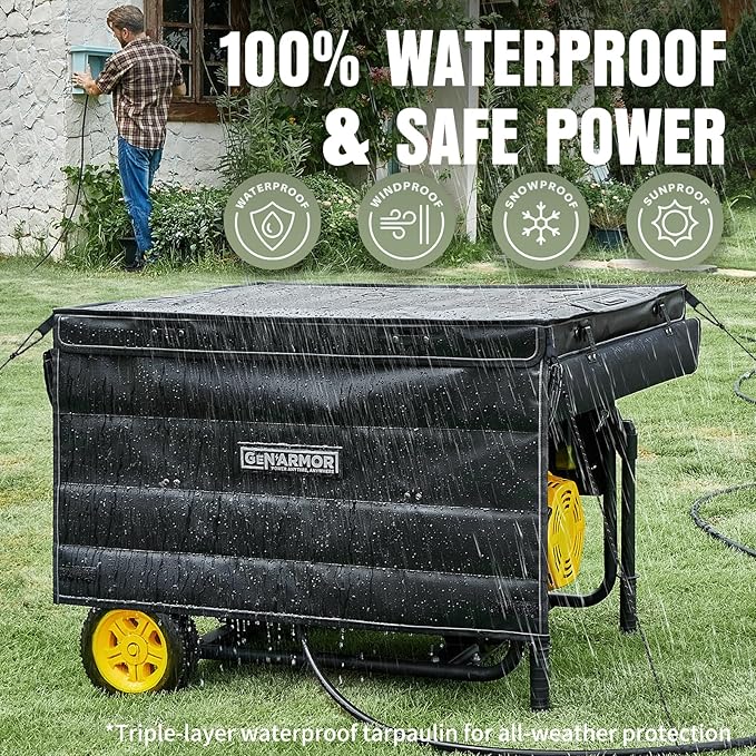 GenArmor Generator Covers While Running 100% Waterproof Heavy Duty Tarps Generator Tent Portable Outdoor Generator Enclosure for Most 4000w~13000w Generators Black Windproof Kit Version