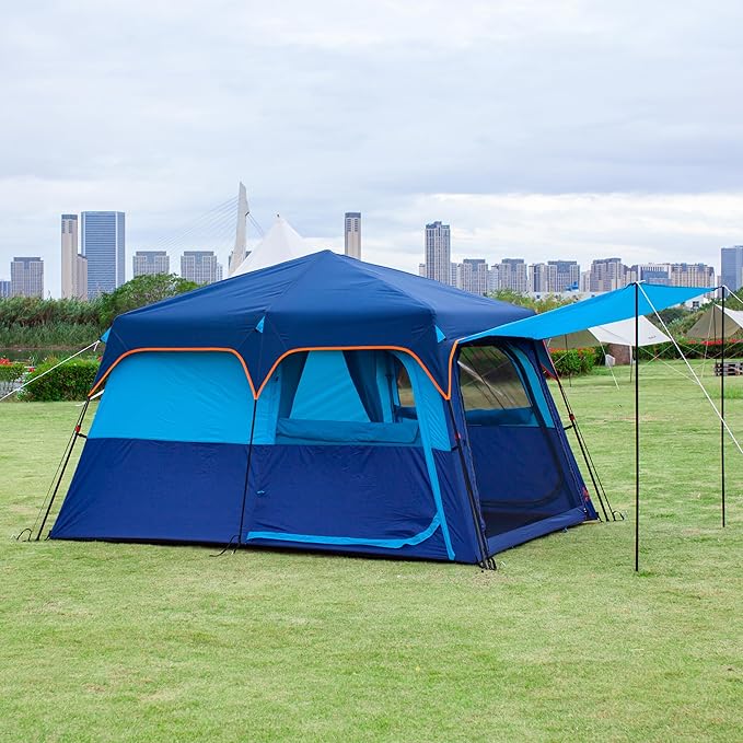 KTT Extra Large Tent 6-10-12-14 Person(A)Family Cabin Tents2 Rooms3 Doors and 3 Windows with MeshStraight WallWaterproofDouble LayerBig Tent for OutdoorPicnicCampingFamily Gathering