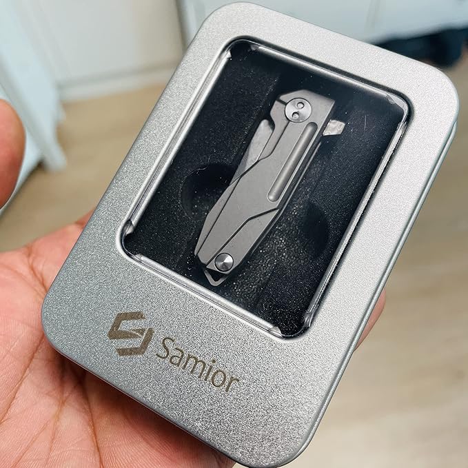 Samior HY002 Ultra Small Little Folding Pocket Flipper Knife 1.3” VG10 Damascus Blade Gray Titanium Handle Frame Lock Mini EDC Keychain Necklace Knives 0.9oz