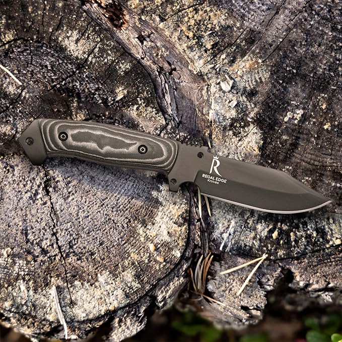 Fixed Blade Knife 10” Hunting Knife With Built-in Military Compass And Leather Sheath - G10 Handle Survival knives for Camping Hiking and Outdoor Use
