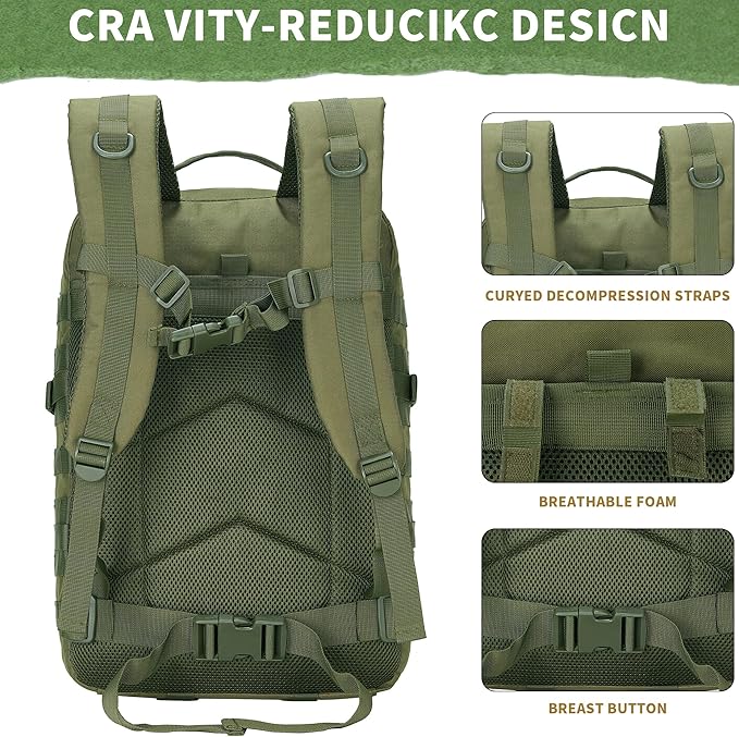45L Military Tactical Backpacks 3 Days Assault Pack Bag Fitness Rucksack 3 Day Bug Out Bag Hiking Treeking Molle Daypack (ArmyGreen)
