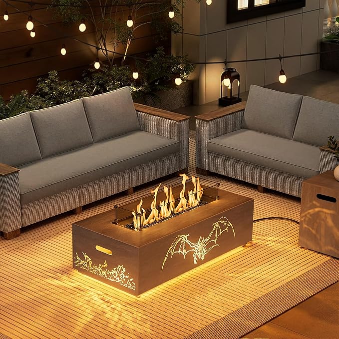 SUNPEAK 42 Propane Fire Pit table with LED Light - 50000 BTU with Wind Guard Lid Rocks and Cover - Gas Fire Pits for Outside Patio - Fire Pit Tables for Outside Patio (Grey/Dragon Cutout 42 LED)