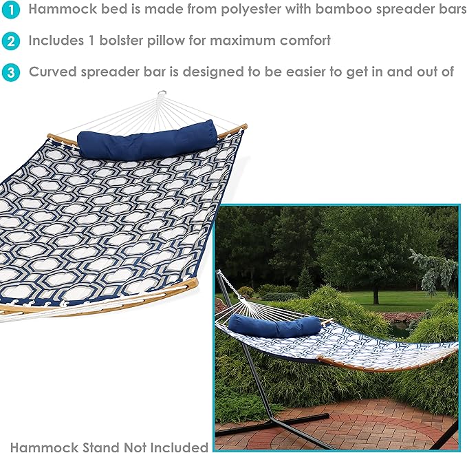 Sunnydaze Outdoor Hammock with Spreader Bar - 450-Pound Capacity Curved Spreader Bar Hammock - Navy and Gray Octagon
