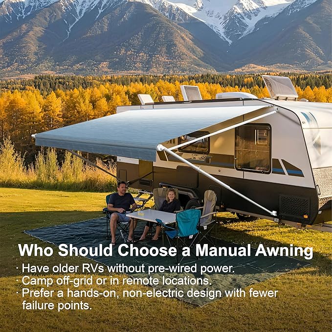 Suncode RV Awning for RVCamper&ampTravel Trailers–Manual RV Awning Complete KitManual Camper AwningRV Roll Out Awning– 16x8Ft – White Frame &ampBlue Fade