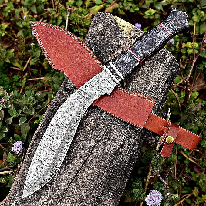 MR. CRAFT Custom Handmade Traditional Kukri Damascus Steel Fixed Blade Knife With Sheath Full Tang Heavy Duty Camping Knives - Gifts for Men (Black Wood &amp Brass Studs)