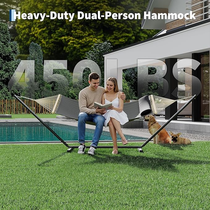 Double Hammock with Stand - Heavy Duty Portable 2 Person Design with Adjustable Steel Stand Max 450LBS Ideal for Outdoor Patio Garden Beach &amp Backyard