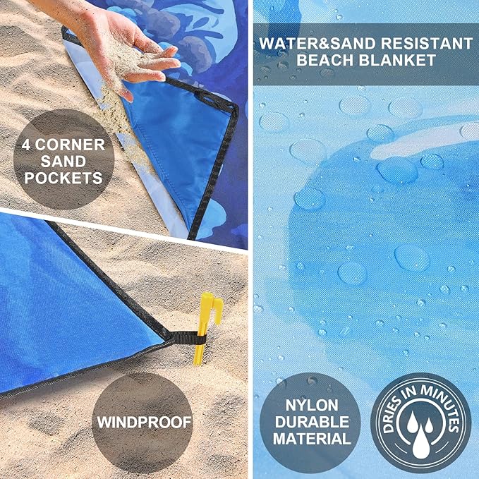 Beach Blanket Waterproof Sandproof Beach Mat 79 X 83/10'x9'for 2-8 Adults Quick Drying Outdoor Picnic Mat Beach Accessories for Travel Camping Hiking