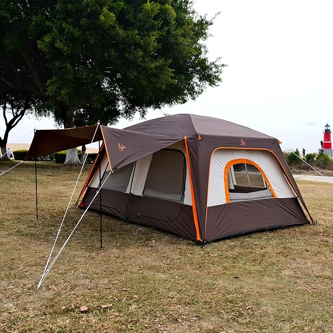 KTT Large Tent 6-8-10-12 PersonFamily Cabin Tents2 Rooms2 Doors and 4 Windows with MeshStraight WallWaterproofDouble LayerBig Tents for OutdoorPicnicCampingFamily Gathering