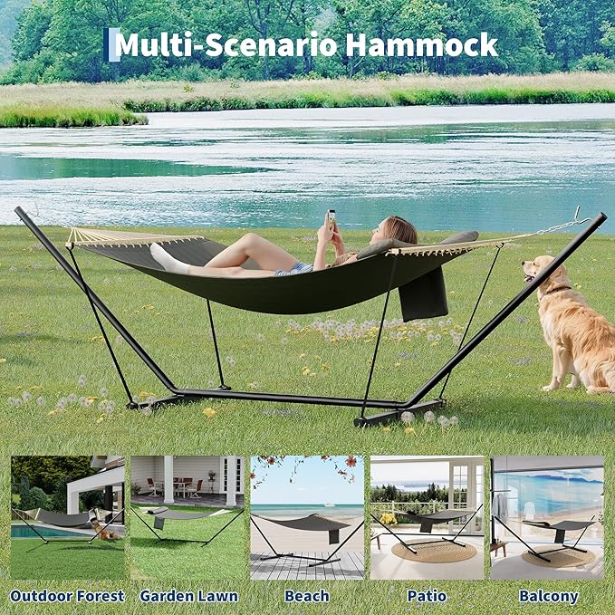 Double Hammock with Stand - Heavy Duty Portable 2 Person Design with Adjustable Steel Stand Max 450LBS Ideal for Outdoor Patio Garden Beach &amp Backyard