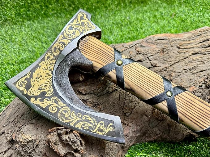 Poshland AX-7004 Custom Gift Forged Carbon Steel Viking Axe with Rose Wood Shaft Viking Bearded Camping Axe